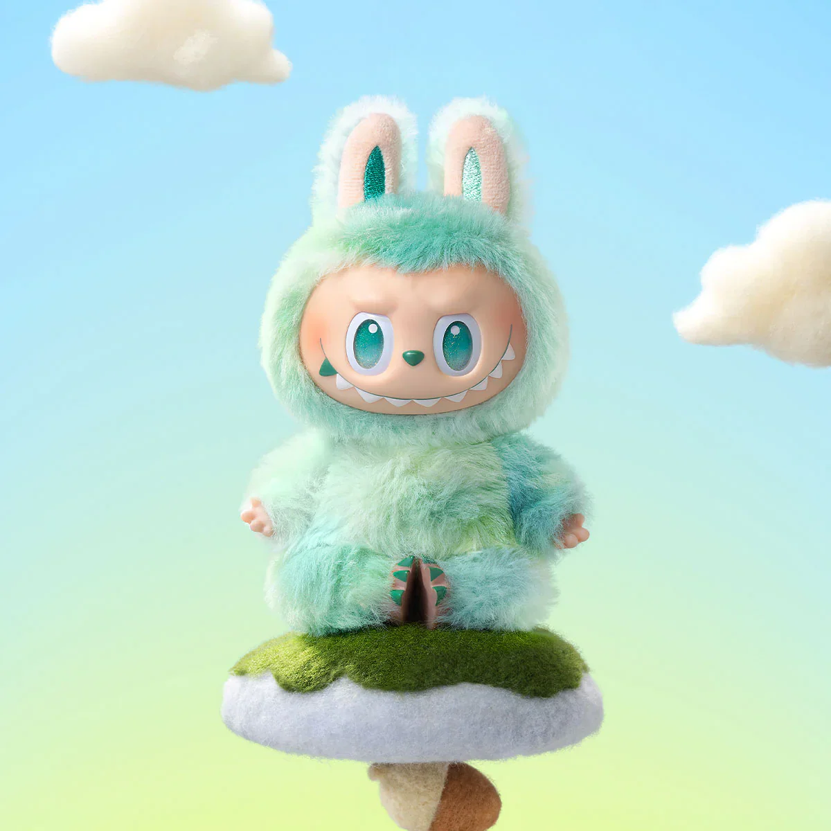 Mint green toy plush doll with bunny ears, suitable for ages 3 and up, perfect for imaginative play