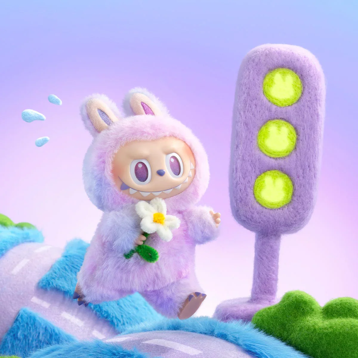 Toy plush doll in a purple bunny outfit with a flower, age 3+, perfect for imaginative play