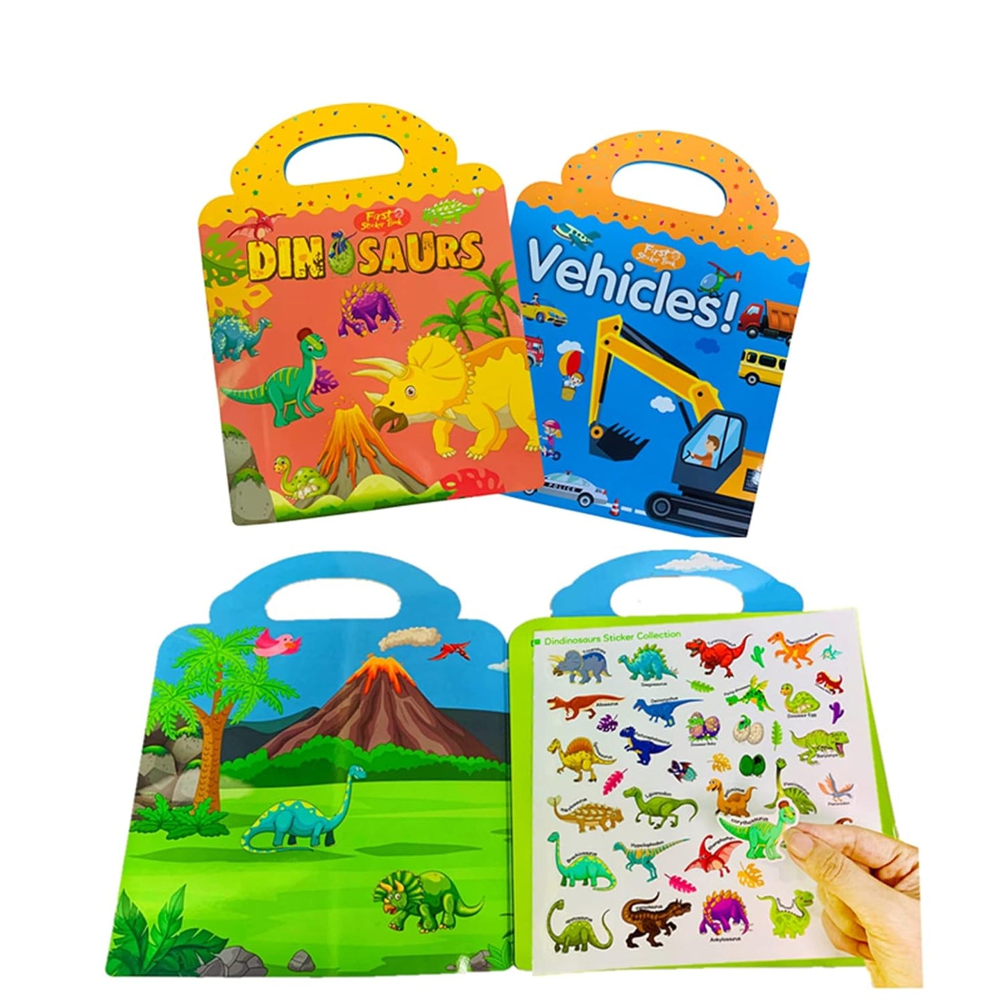 Colorful decorative stickers featuring dinosaurs and vehicles for kids toys learning express, suitable for age 3 and up