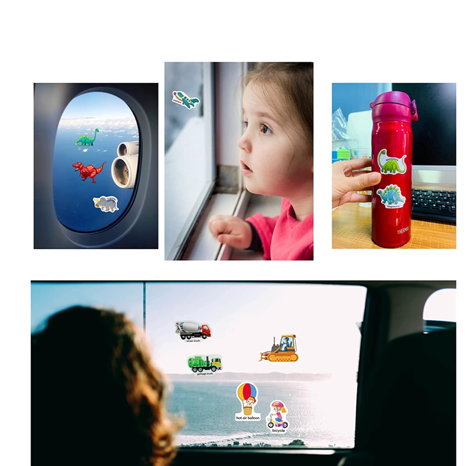 Colorful decorative stickers featuring dinosaurs and vehicles for children, from toys learning express.