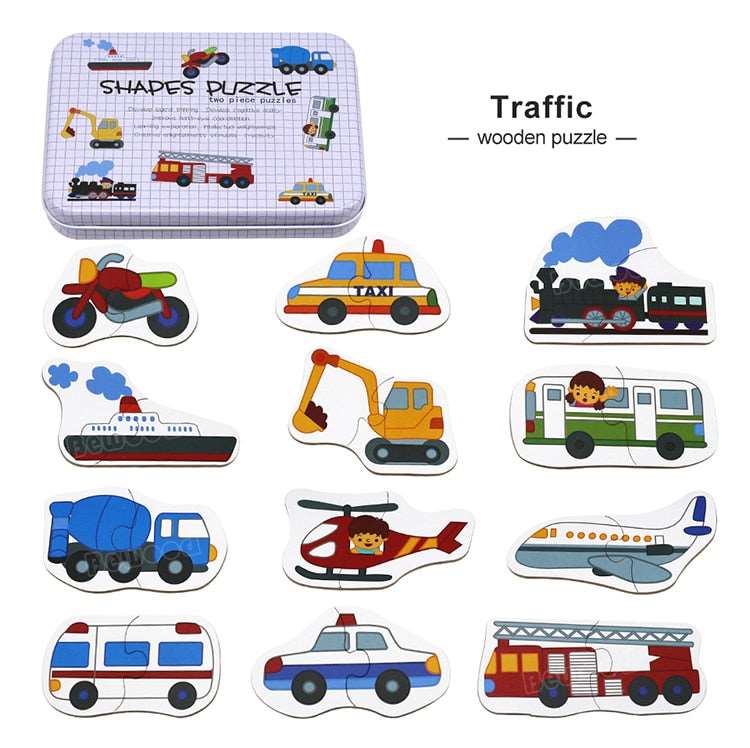 Traffic wooden puzzle featuring colorful vehicles, ideal toy for infant, promotes motor skills and learning