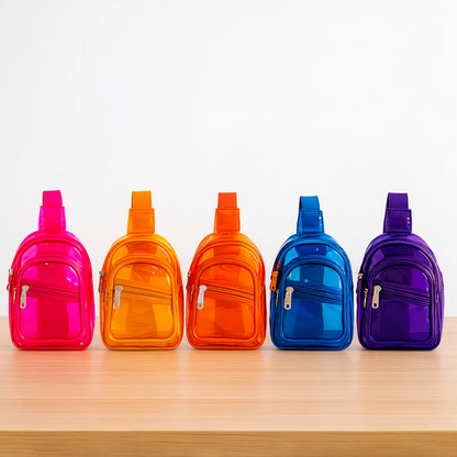 Colorful NIYO TOYS Cross Bags in Pink, Orange, Blue, and Purple with Stylish Transparent Design