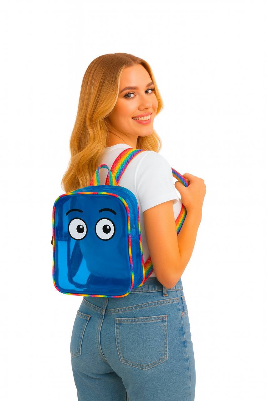 Transparent jelly bag pack for girls with rainbow straps and playful face design, ideal for ages 6 and up