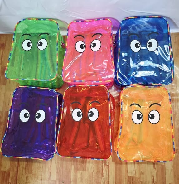 Colorful transparent jelly bag pack for girls, perfect for ages 3 and up, featuring fun cartoon eyes