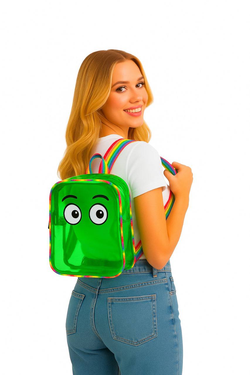Green transparent jelly bag pack for girls with playful face design, perfect for ages 6 and up