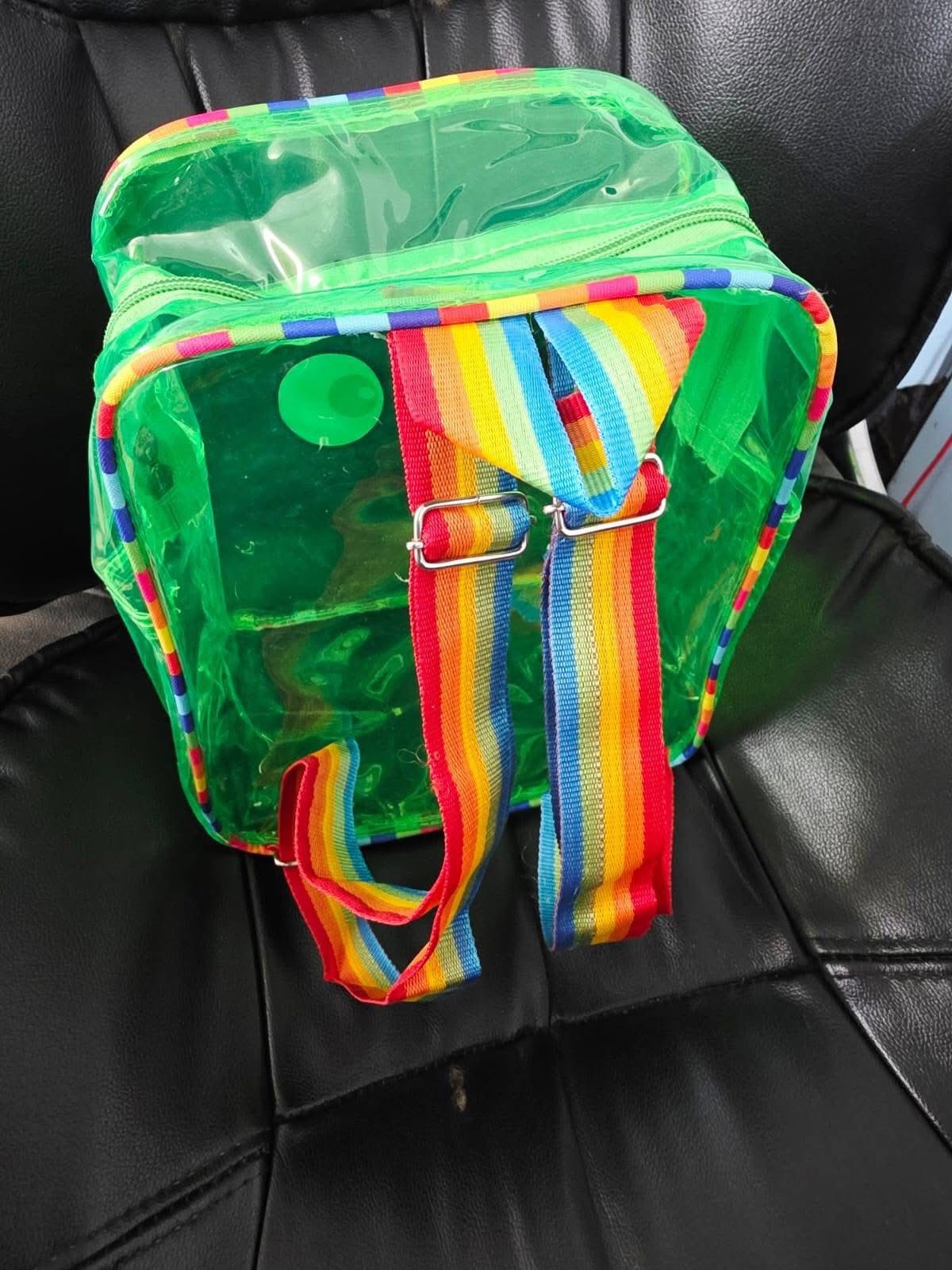 Green transparent jelly bag pack for girls with rainbow straps, ideal for kids and outings