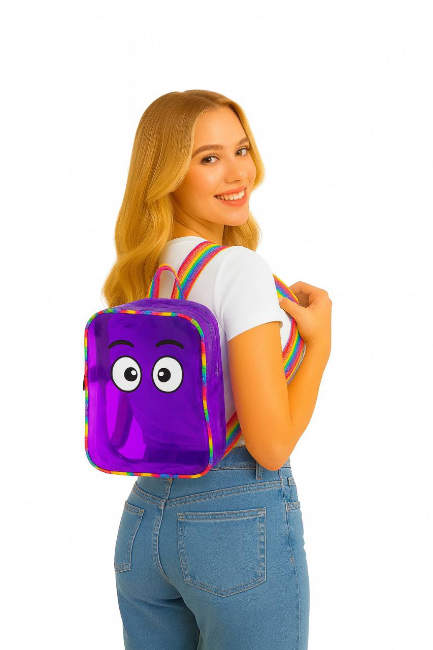 Purple transparent jelly bag pack for girls with cute character design, perfect for ages 5 and up