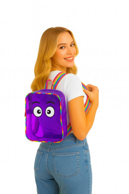 Purple transparent jelly bag pack for girls with cute character design, perfect for ages 5 and up