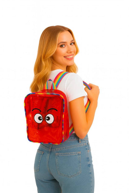 Red transparent jelly bag pack for girls with colorful straps, ideal for ages 3 and up