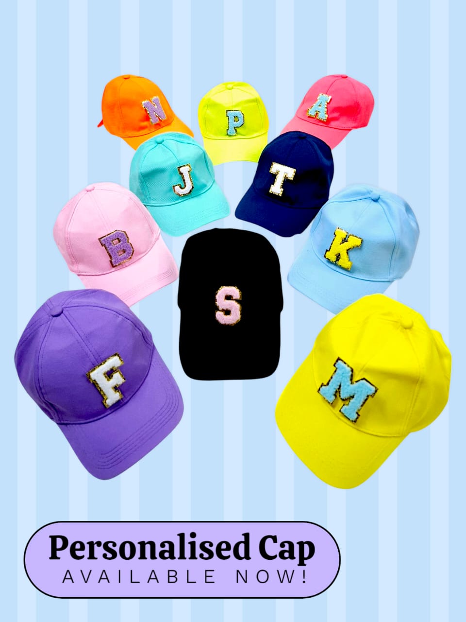 Colorful personalized caps in various shades, age 3+, perfect for birthdays and fun outings