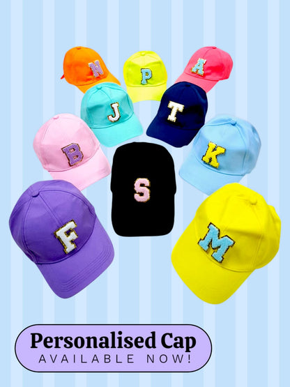 Colorful personalized caps in various shades, age 3+, perfect for birthdays and fun outings