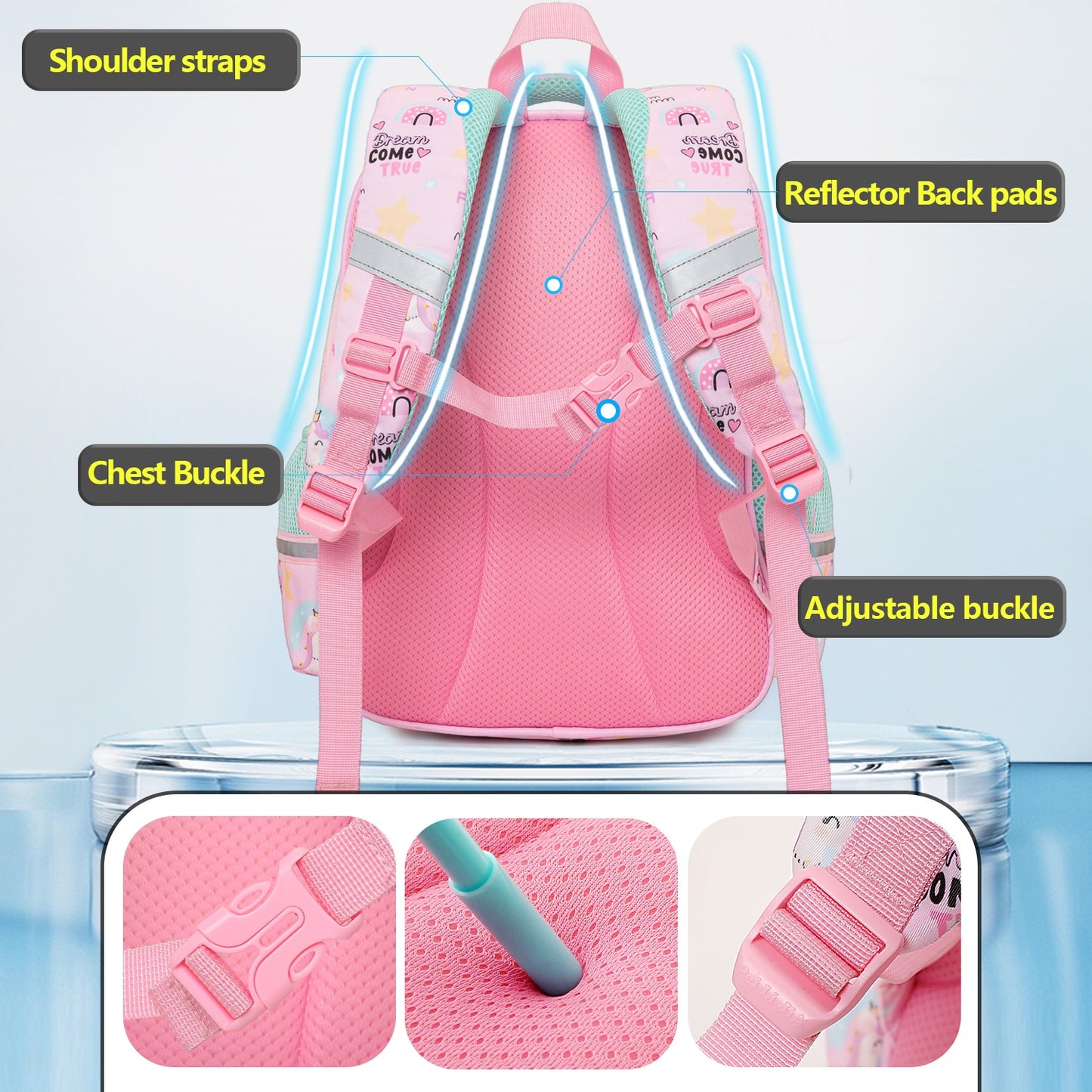 Pink unicorn backpack for kids, age 3+, with adjustable straps and reflective back pads