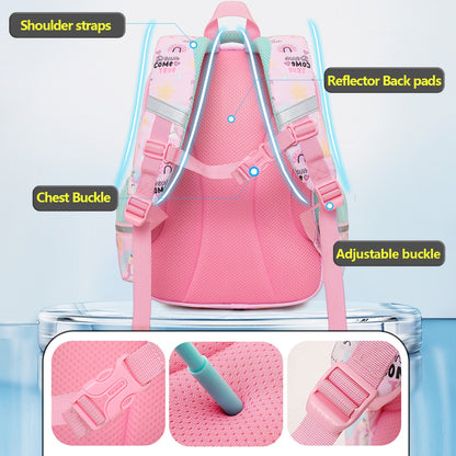 Pink unicorn backpack for kids, age 3+, with adjustable straps and reflective back pads