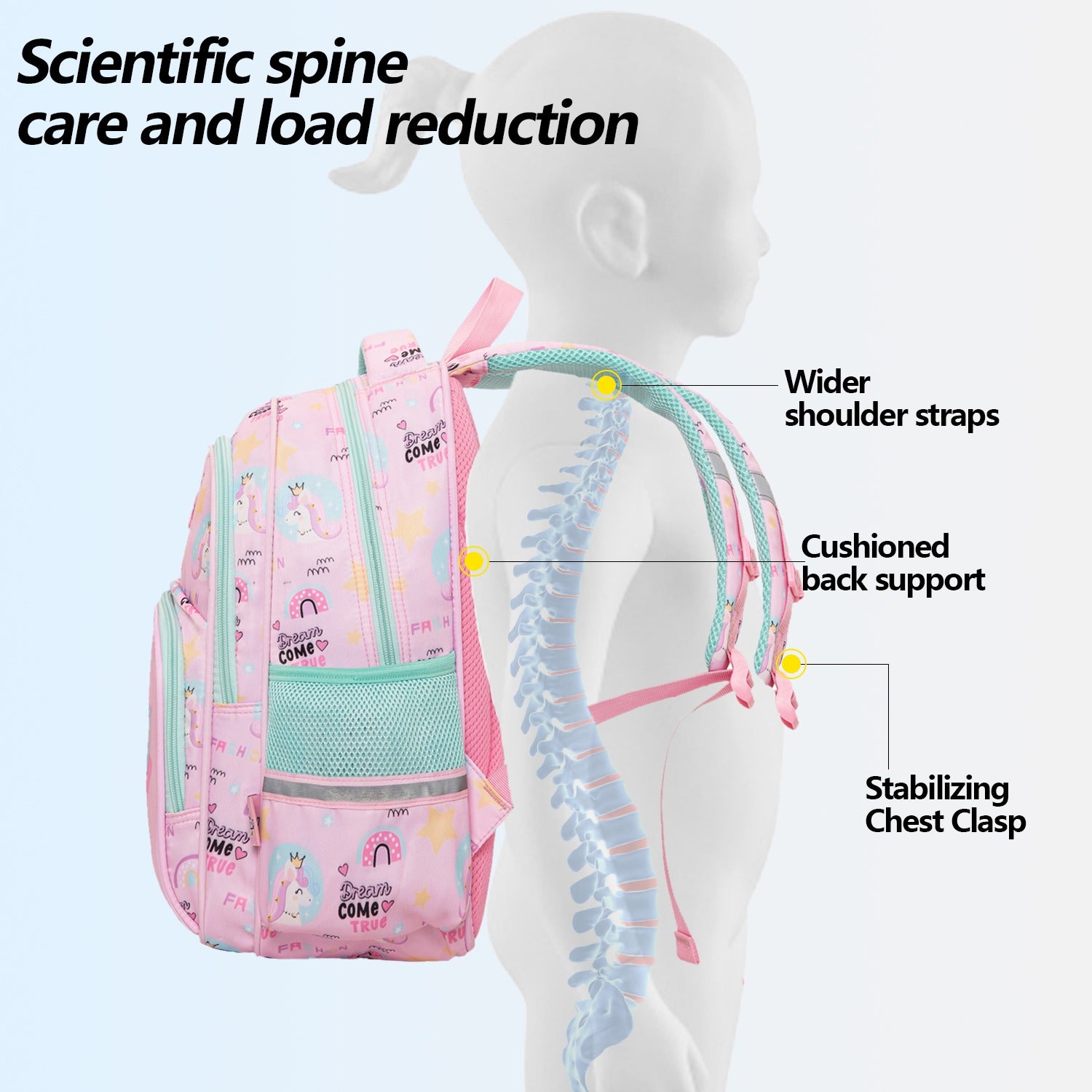 Pink unicorn backpack with wider shoulder straps and cushioned back support for age 3+ users
