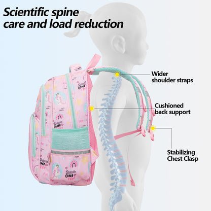 Pink unicorn backpack with wider shoulder straps and cushioned back support for age 3+ users