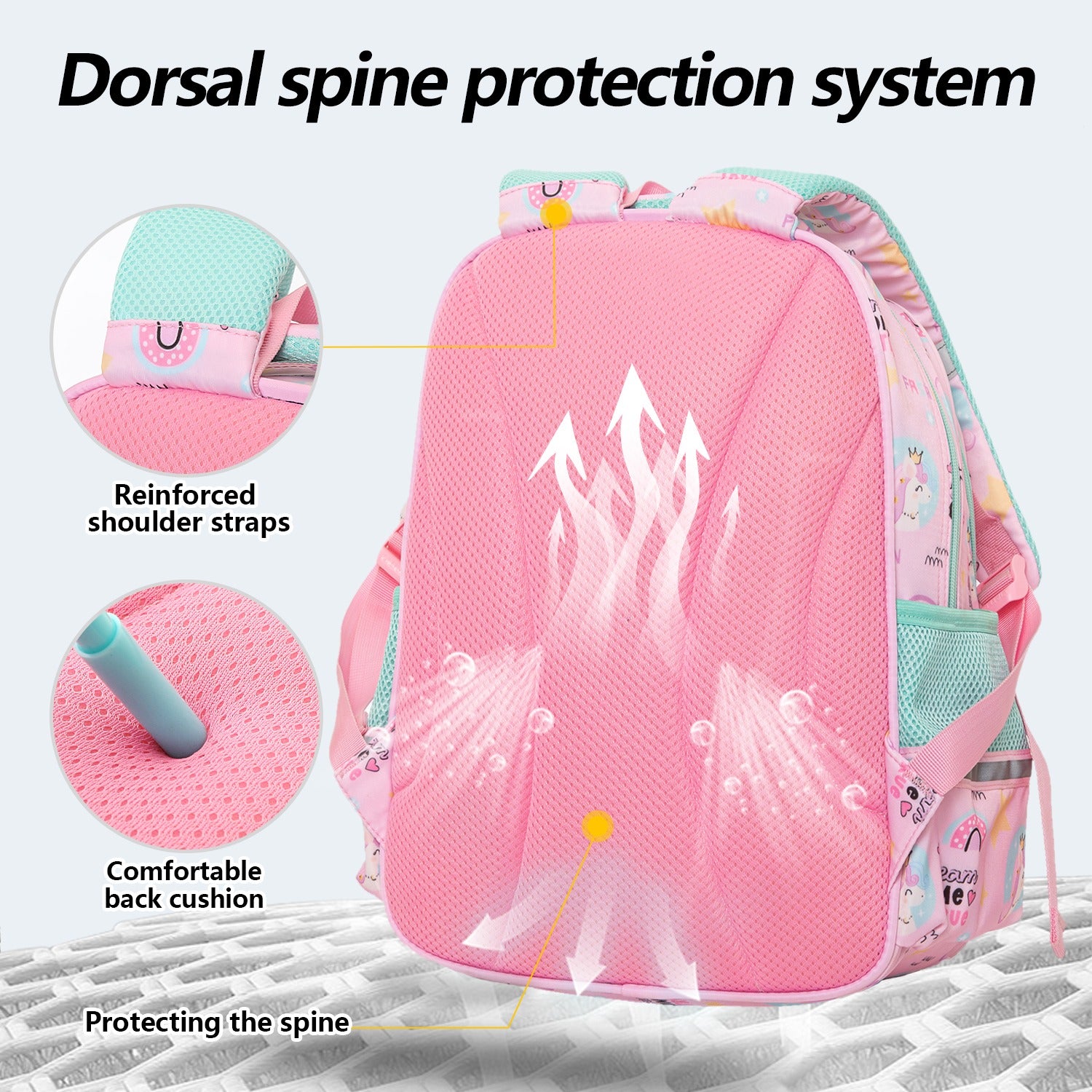 Pink unicorn backpack with dorsal spine protection system and reinforced shoulder straps for kids