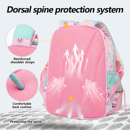 Pink unicorn backpack with dorsal spine protection system and reinforced shoulder straps for kids