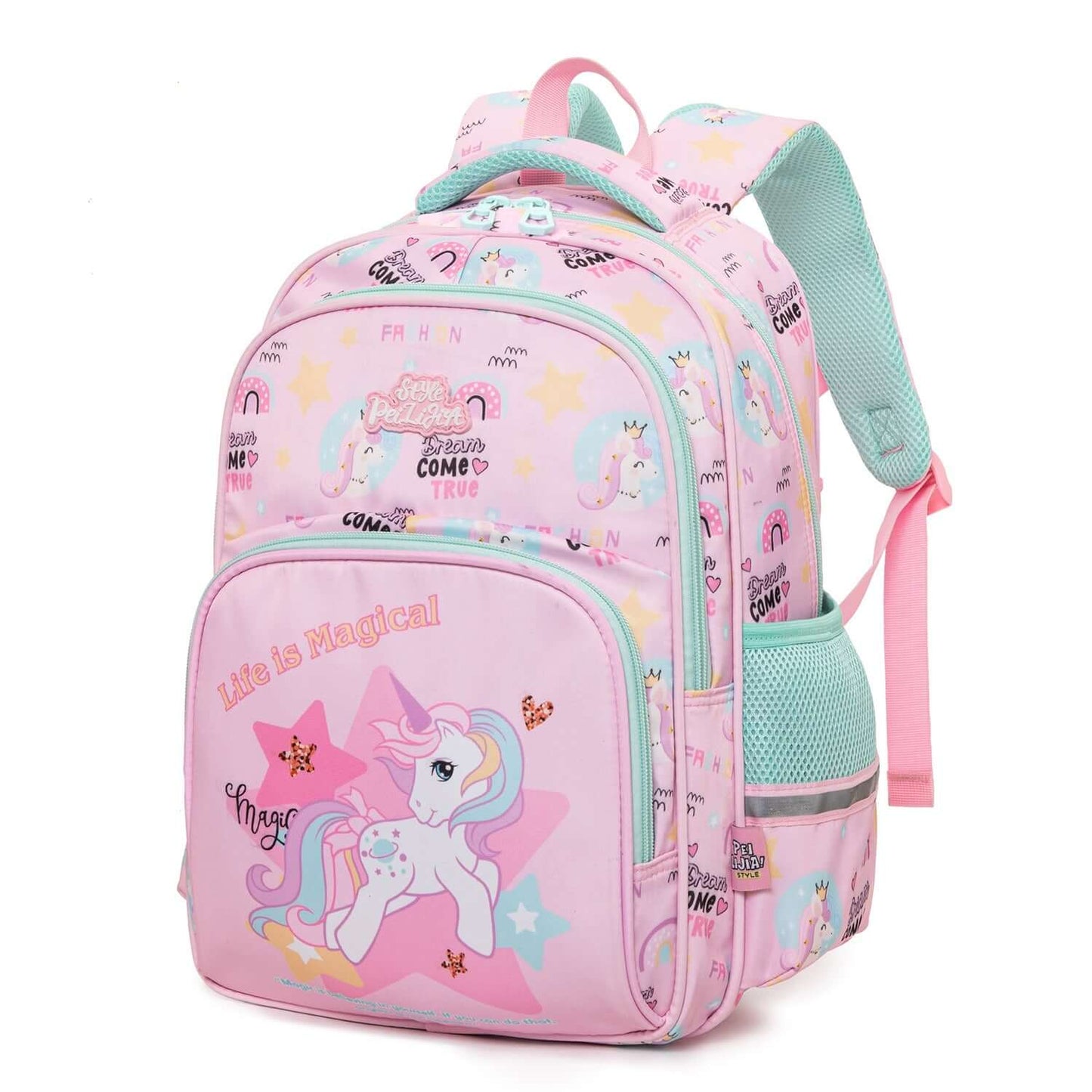 Pink unicorn backpack with colorful print, designed for kids age 3+, perfect for school and daily adventures