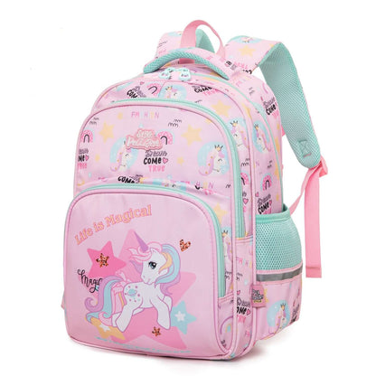 Pink unicorn backpack with colorful print, designed for kids age 3+, perfect for school and daily adventures