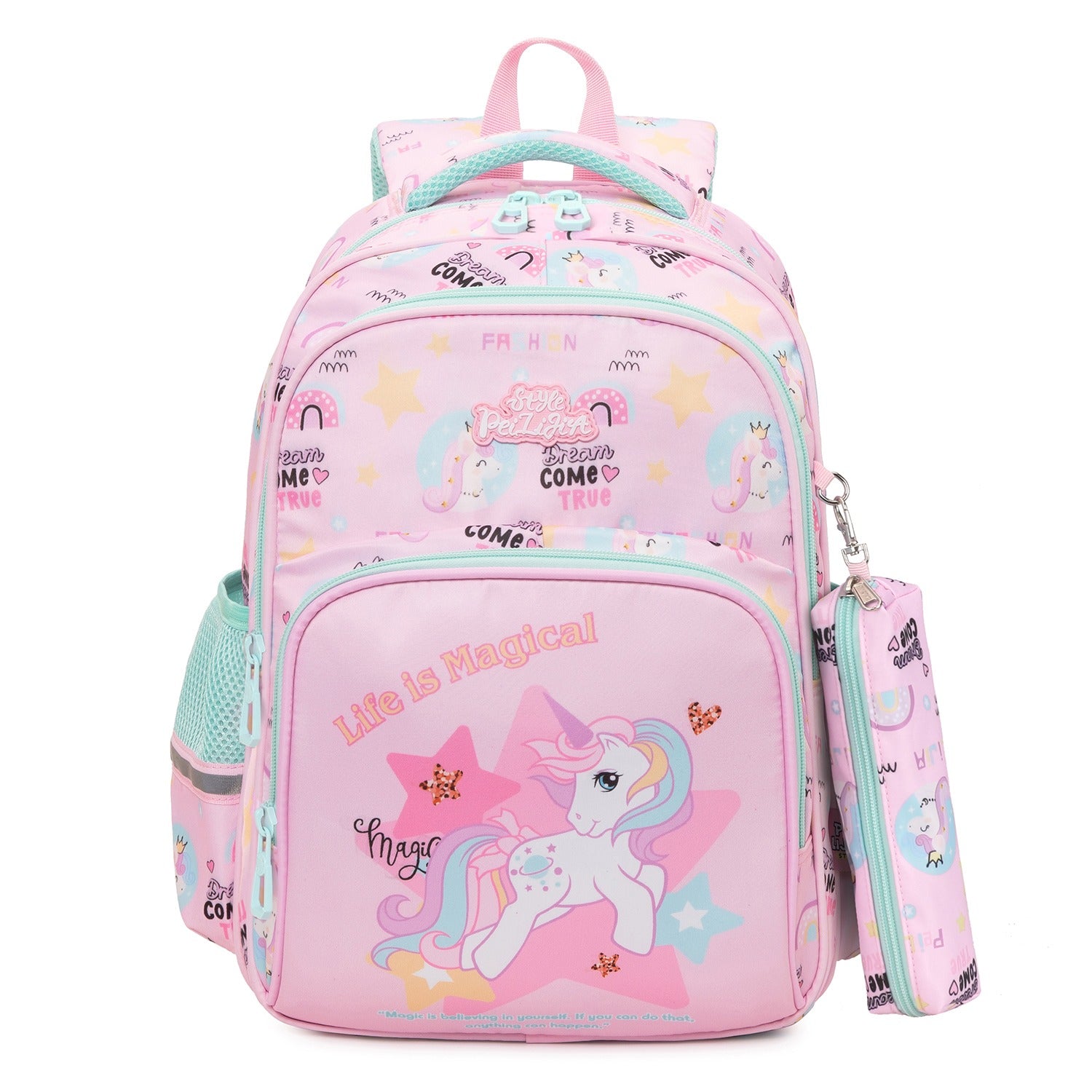 Pink unicorn backpack with magical designs, perfect for kids aged 3 and up for school or play