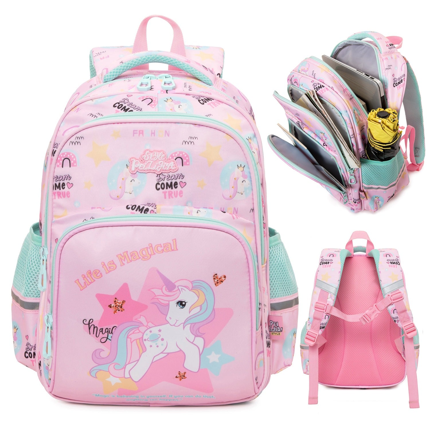 Pink unicorn backpack for ages 3+, perfect for school or play with multiple compartments