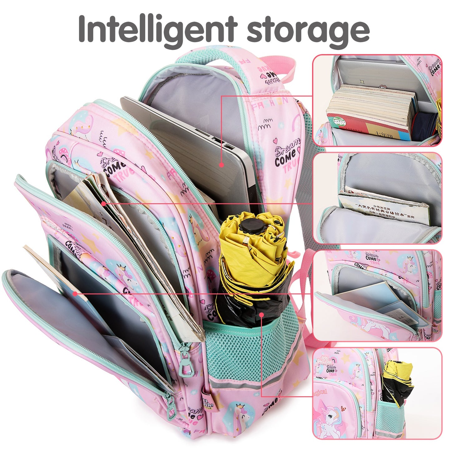 Pink unicorn backpack with intelligent storage for kids age 3+, perfect for school and outings