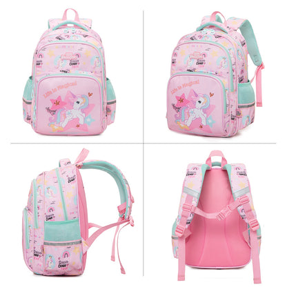Pink unicorn backpack with adjustable straps, perfect for kids age 3+, great for school and outings
