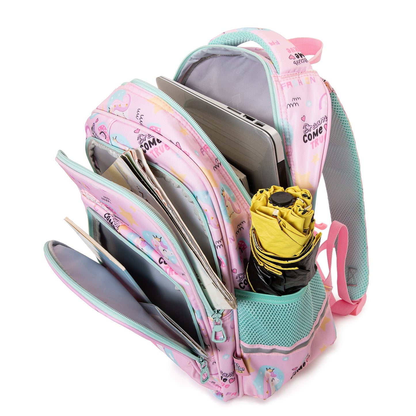 Pink unicorn backpack with multiple compartments for school supplies, ideal for ages 5 and up