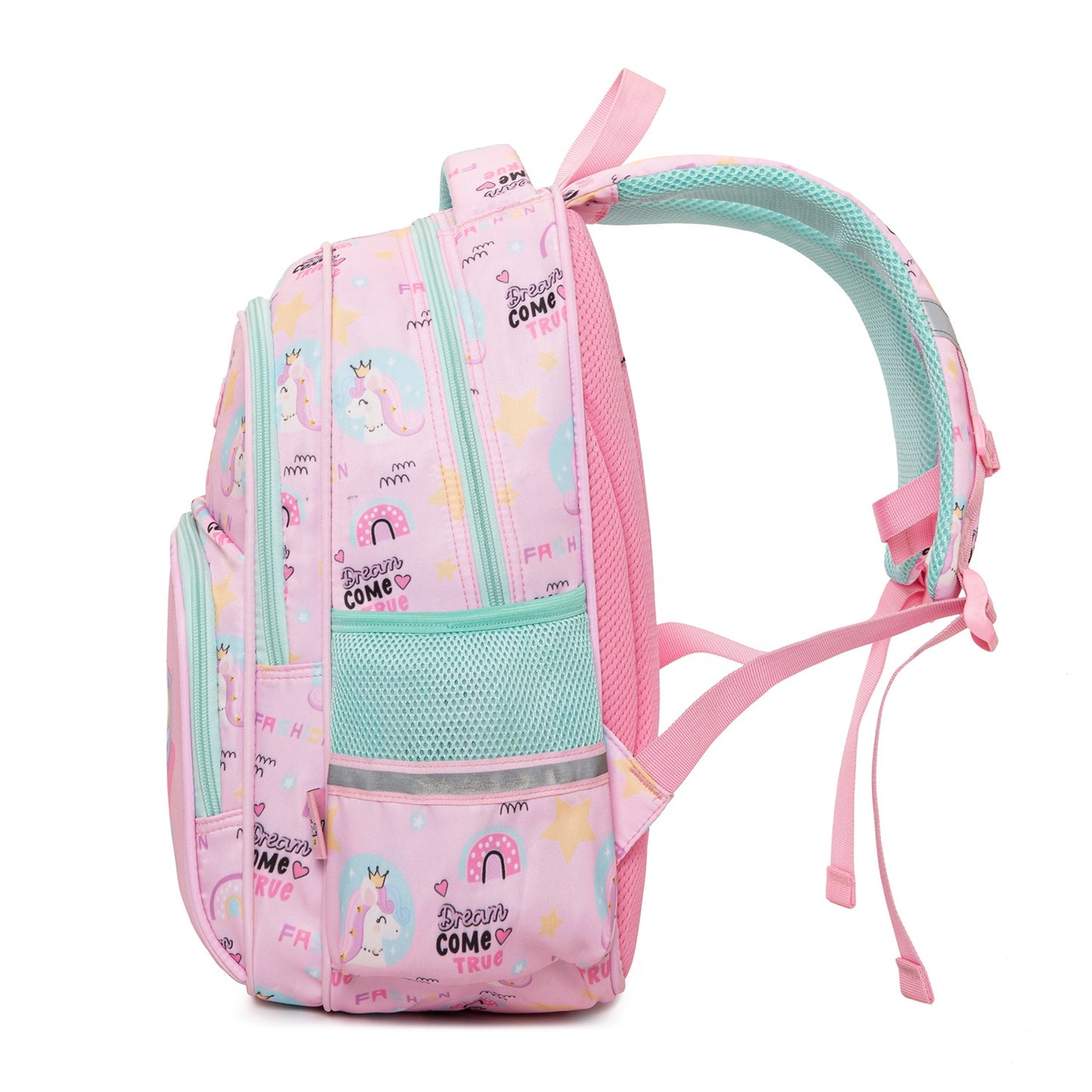 Pink unicorn backpack for kids with rainbow and star designs, ideal for age 3+, perfect for school and play