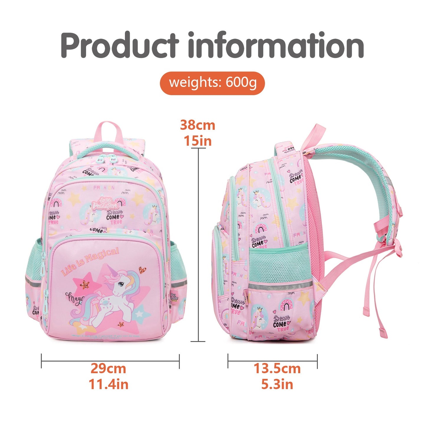 Pink unicorn backpack for kids ages 3+, perfect for school and everyday adventures