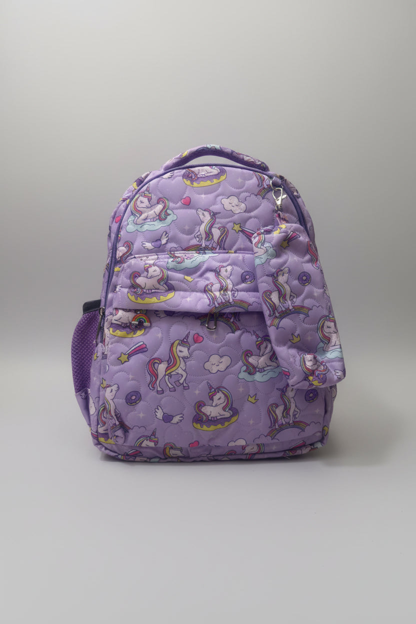 Purple unicorn backpack featuring colorful unicorns, ideal for kids age 4+, perfect for school or play