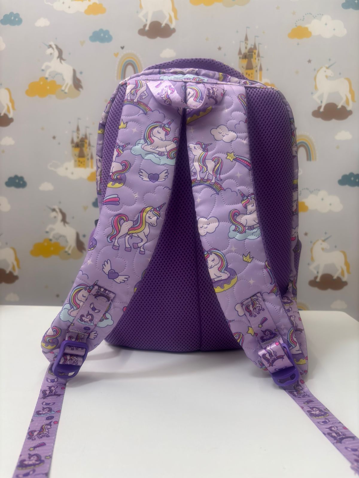Purple unicorn backpack for kids with playful designs, perfect for age 3+ and everyday use