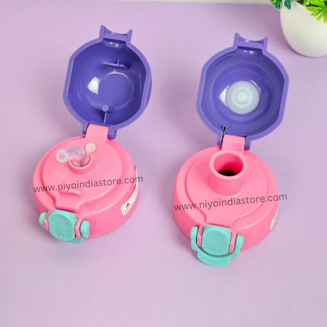 NIYO TOYS insulated stainless steel water bottle in pink and purple, perfect for kids age 3+, ideal for hydration on the go