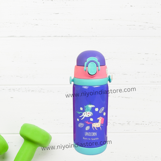 Purple unicorn insulated stainless steel water bottle for kids, ideal for school and outdoor use