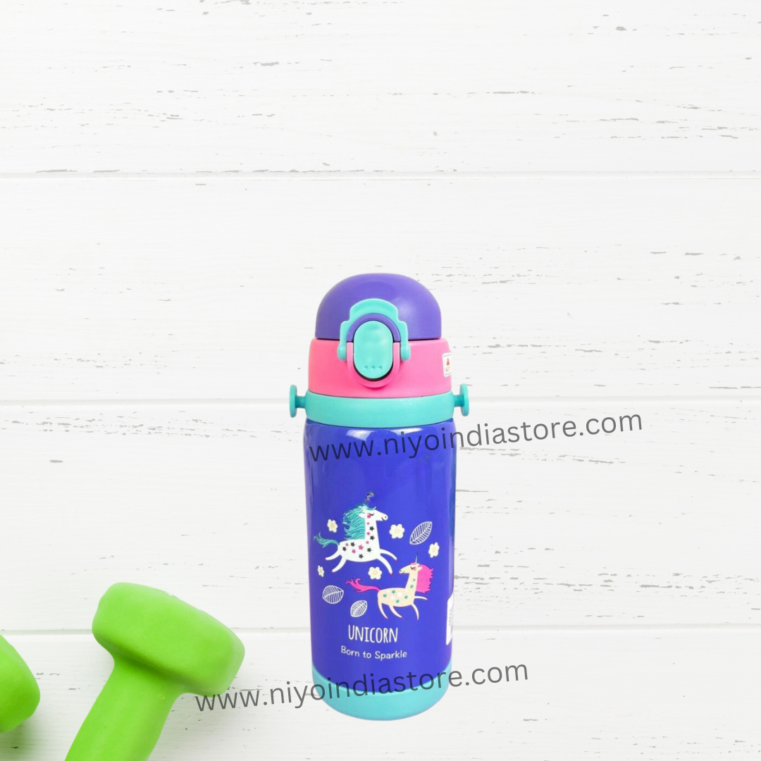 NIYO TOYS unicorn insulated stainless steel water bottle in blue, perfect for kids age 3+, ideal for outdoor adventures