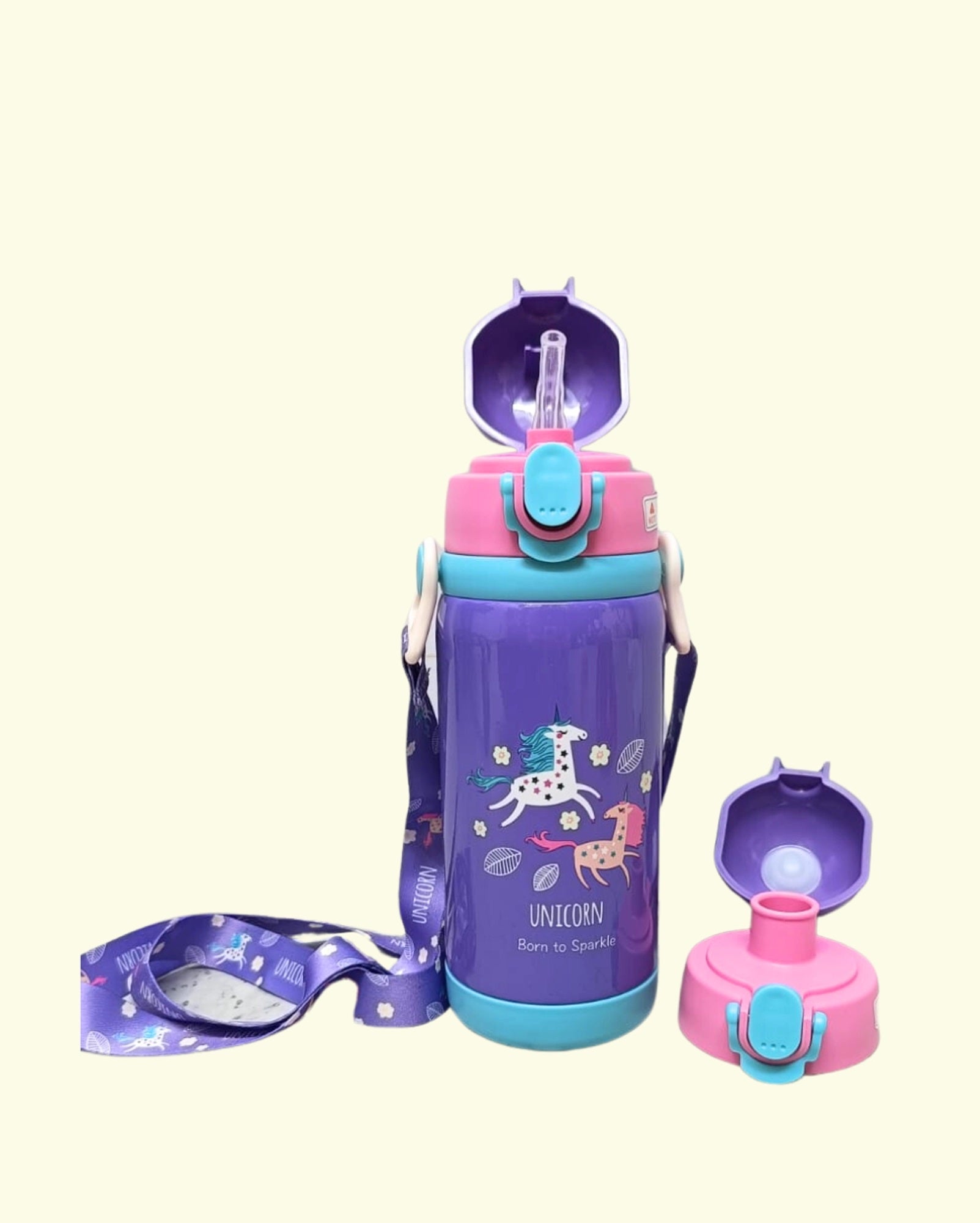Purple NIYO TOYS insulated stainless steel water bottle with unicorn design, ideal for kids aged 3+
