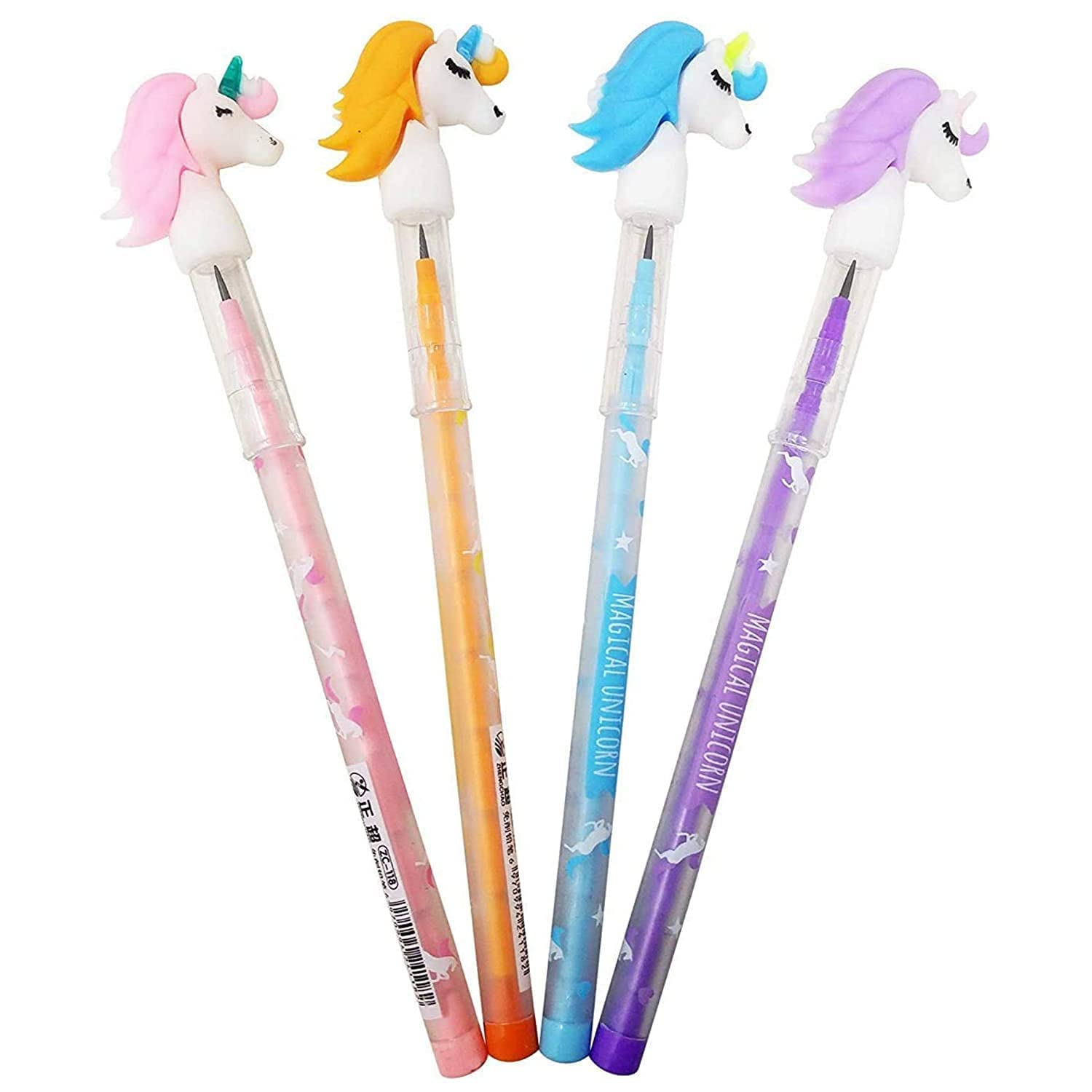 Colorful unicorn-themed gel pens in pink, orange, blue, and purple, ideal for kids, perfect for writing and drawing with pencils and lead.