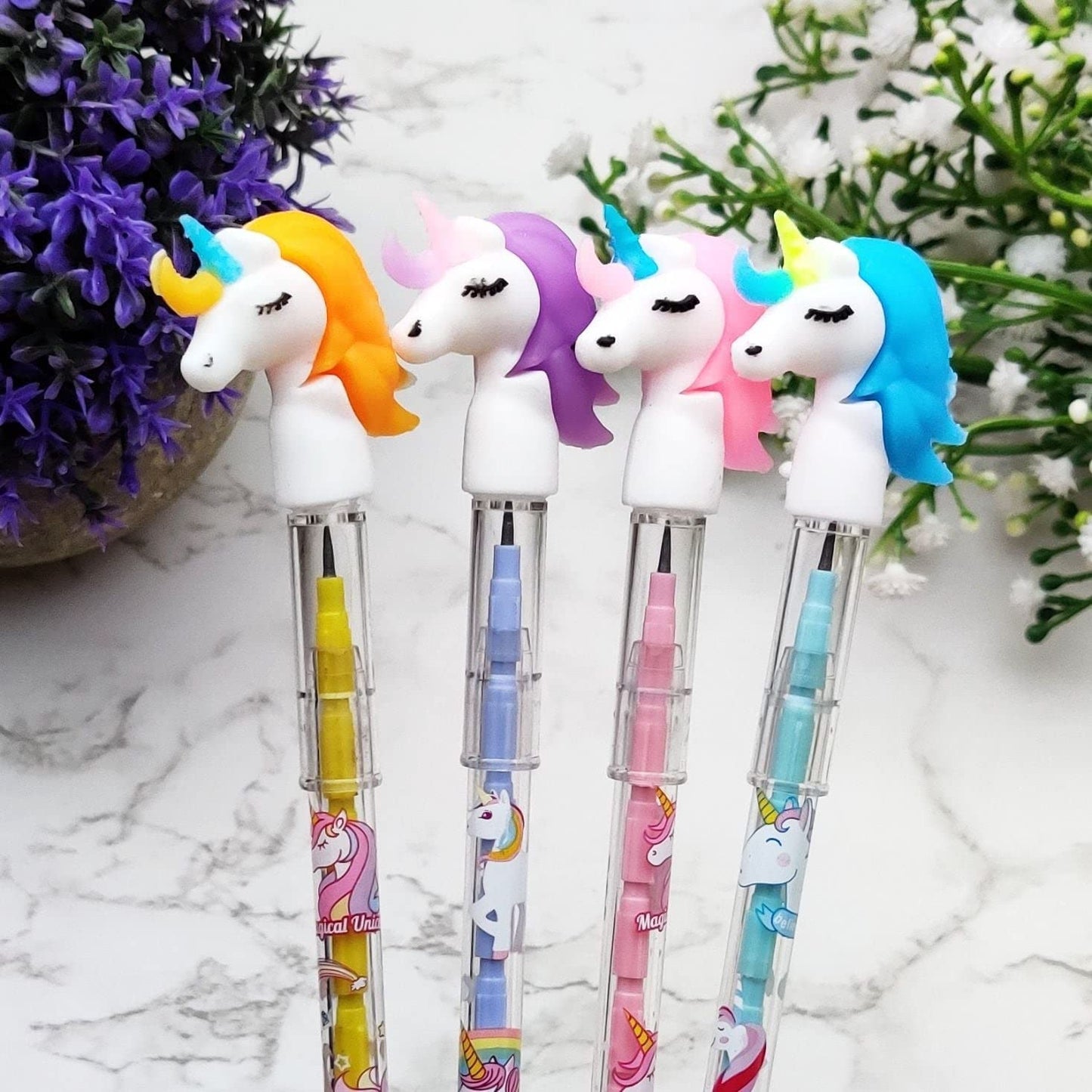 Colorful unicorn pencil set with eraser toppers, age 3+, perfect for fun school supplies and doodling