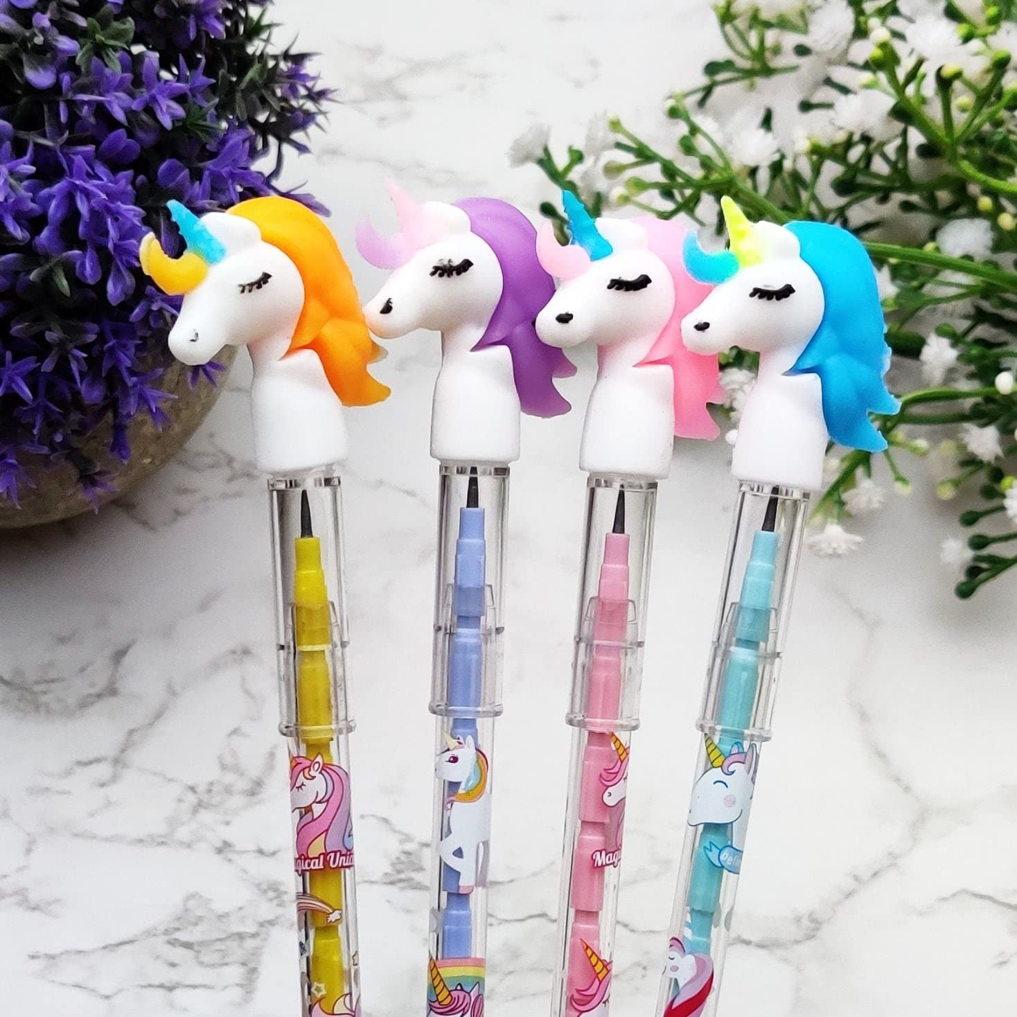 Colorful unicorn pencil set with eraser toppers, age 3+, perfect for fun school supplies and doodling