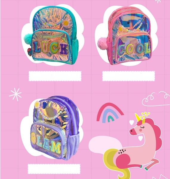 Colorful NIYO TOYS unique kids school bag with holographic design and fun pom-pom accents