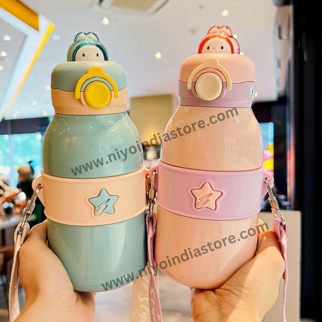 NIYO TOYS Vacuum Insulated Bottle for Children in Blue and Pink with Cute Character Design