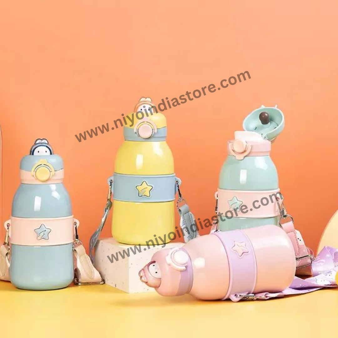 Colorful vacuum insulated bottle for children with playful designs and adjustable straps