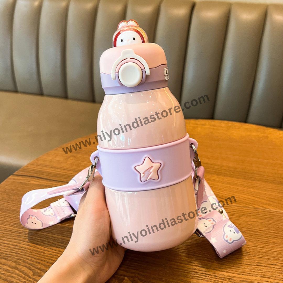 NIYO TOYS pink vacuum insulated bottle for children with strap and cute design for hydration on the go