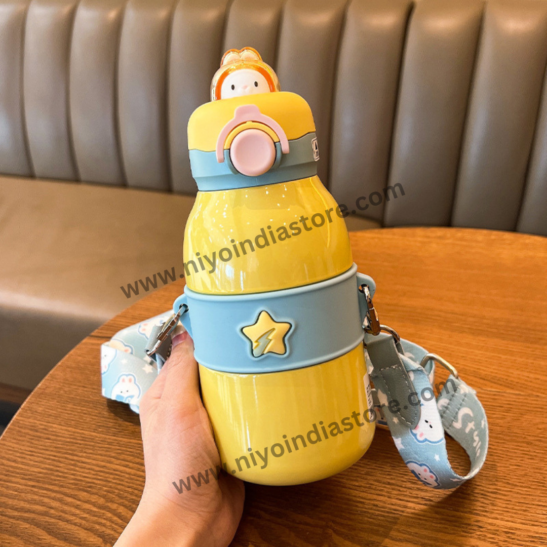 NIYO TOYS Vacuum Insulated Bottle for Children in Yellow with Cute Character and Shoulder Strap
