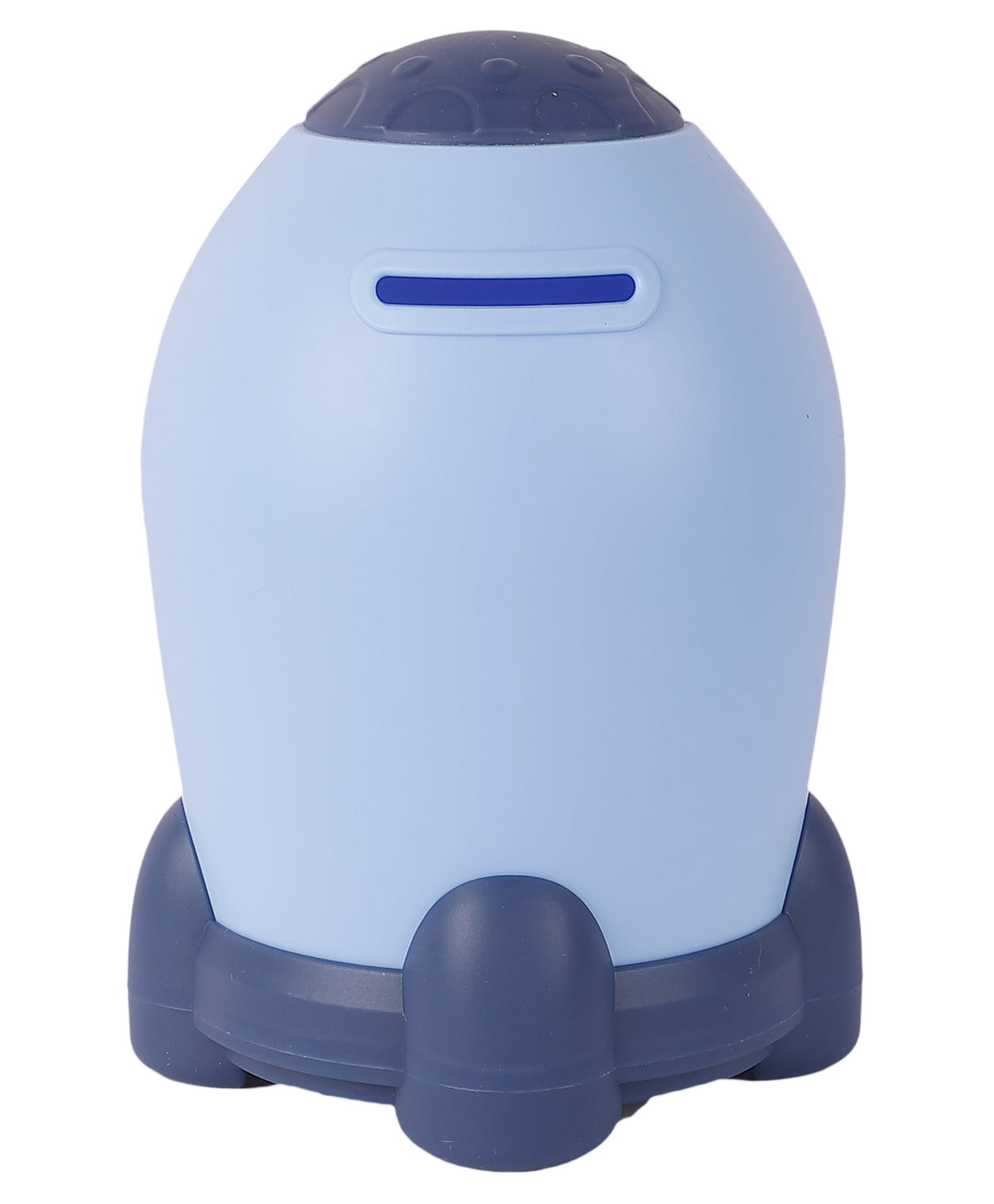 Blue rocket-shaped piggy bank for ages 3+, encourages savings with a varo bank high-yield savings account