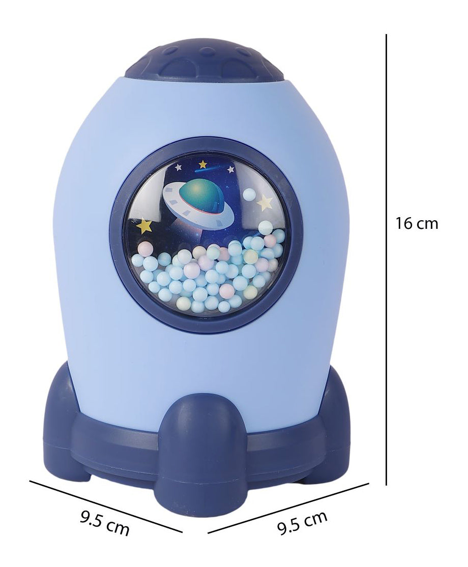 Blue rocket-shaped piggy bank for ages 3+, promotes savings with varo bank high-yield savings account theme