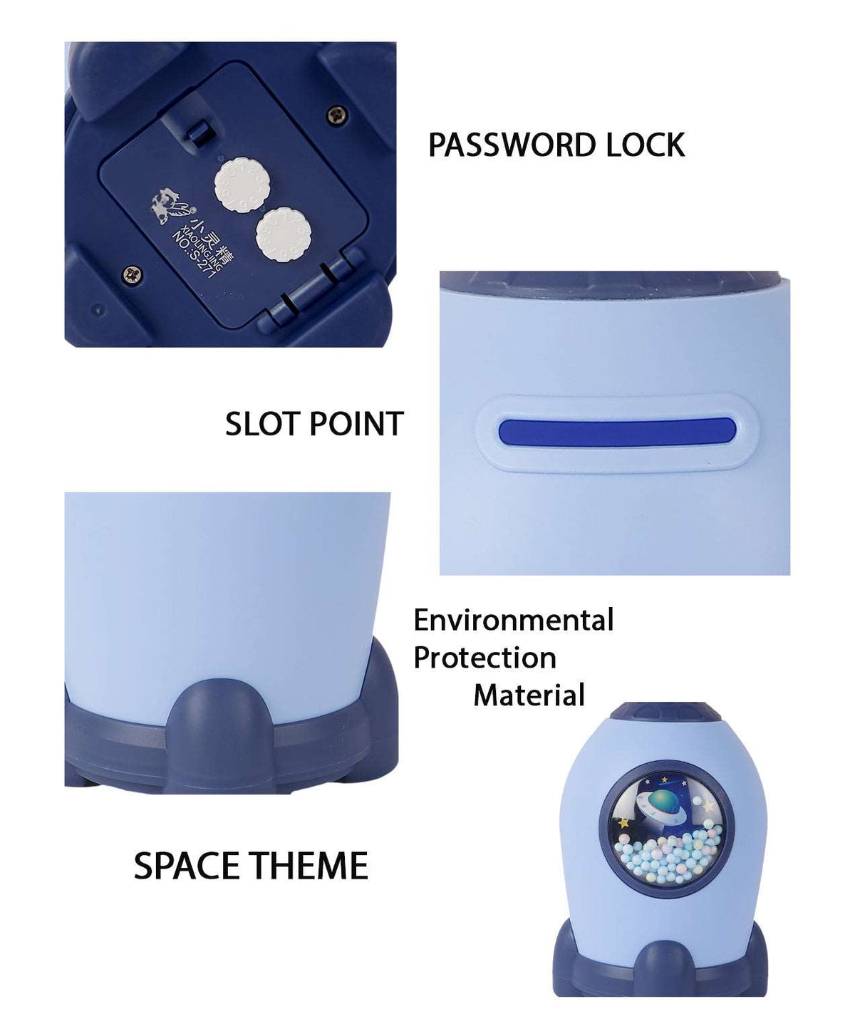 Blue space-themed piggy bank with password lock, ideal for kids saving towards a Varo Bank high-yield savings account