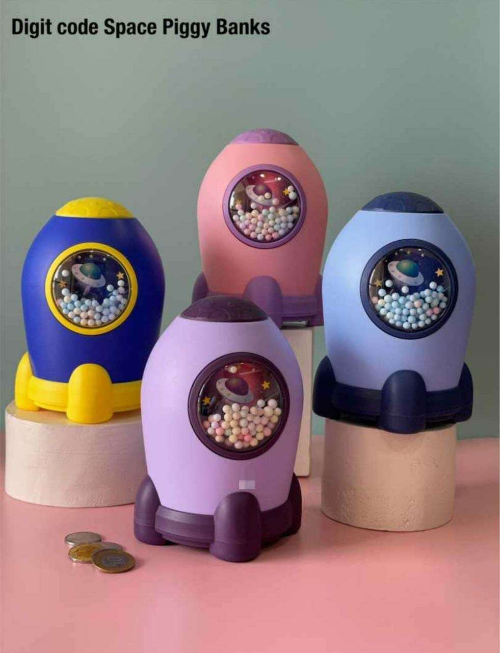 Colorful rocket-shaped piggy banks for kids, age 3+, teaching savings with fun design and varo bank high-yield savings account