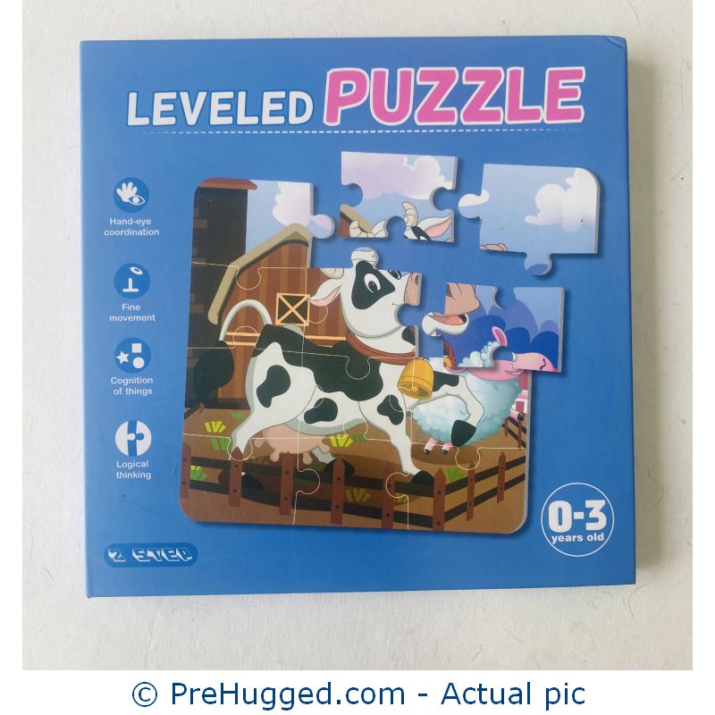 Leveled puzzle for ages 0-3 featuring colorful farm animals, promoting fine motor skills and cognitive development