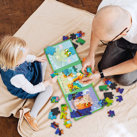 Colorful NIYO TOYS search word puzzle book with a child and adult assembling puzzle pieces together